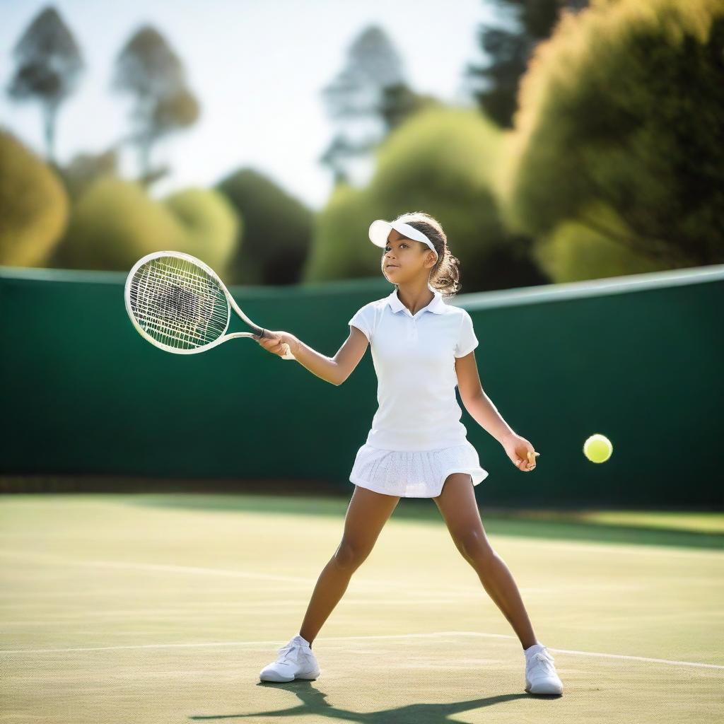 A young girl playing tennis on a sunny day