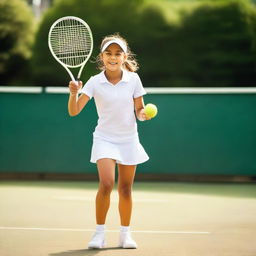 A young girl playing tennis on a sunny day