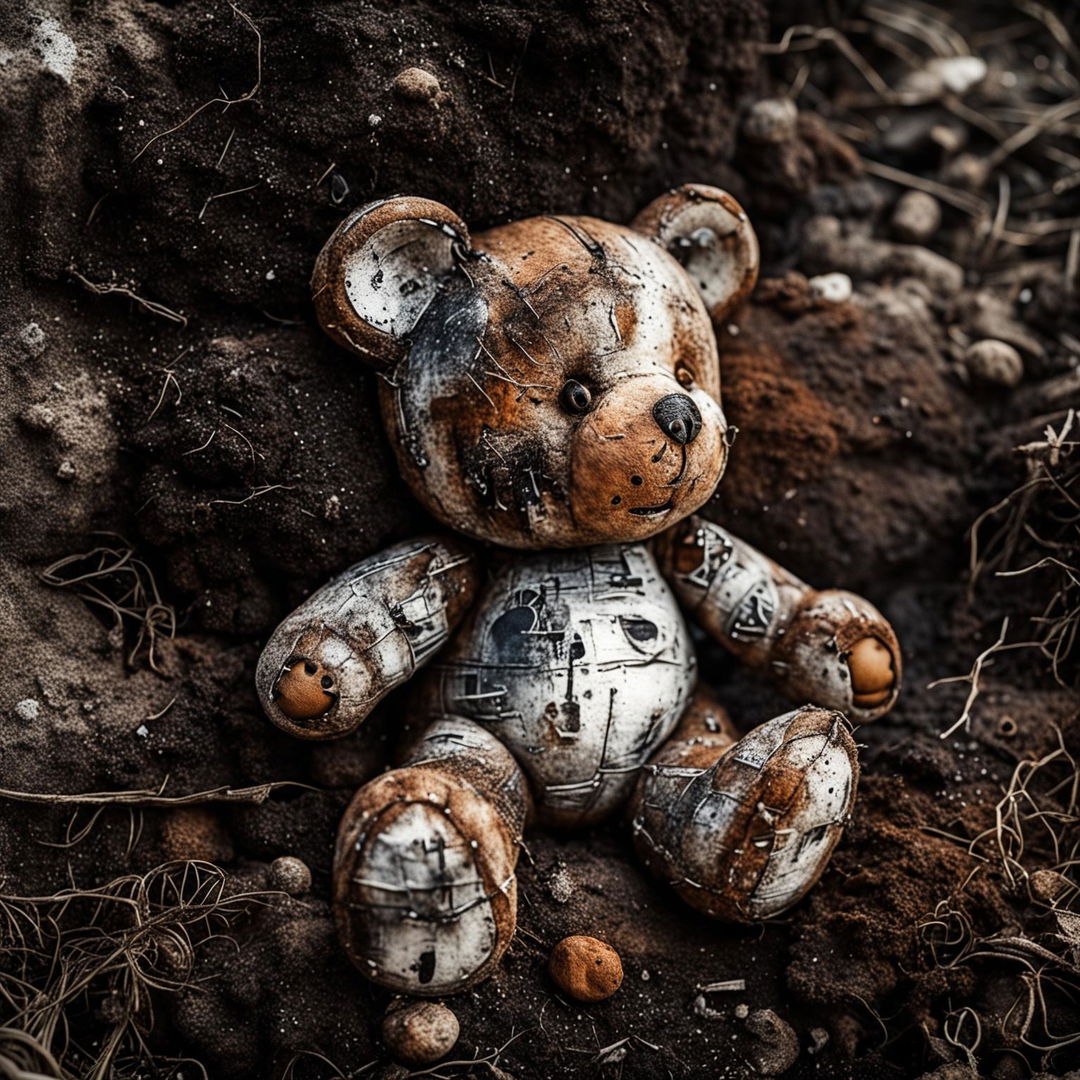 A touching illustration of a small, cute, old brown teddy bear with burnt fur, a missing ear, a burnt eye, patches and stitches on its body, lying on the ground, evoking a sense of loss and nostalgia