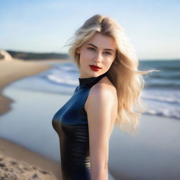 A glamorous 18-year-old Russian model with blonde hair styled elegantly, red lips, and a busty figure