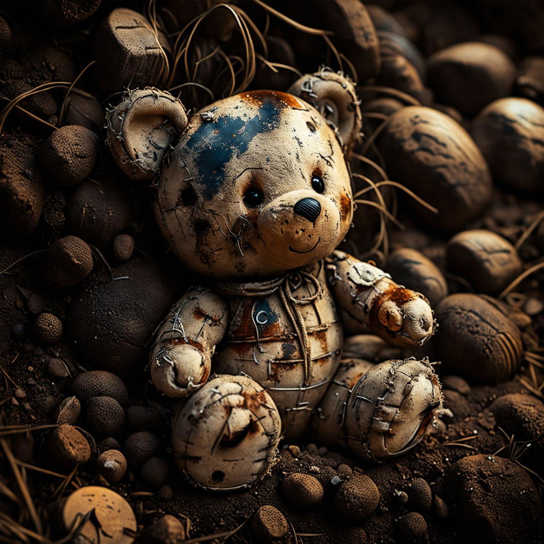 A touching illustration of a small, cute, old brown furry teddy bear with burnt fur, a missing ear, a burnt eye, patches, and a stitched-up arm, lying on the ground, evoking themes of loss and nostalgia