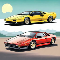 A detailed illustration featuring a classic 1980 Lotus Esprit and a Lamborghini Diablo side by side