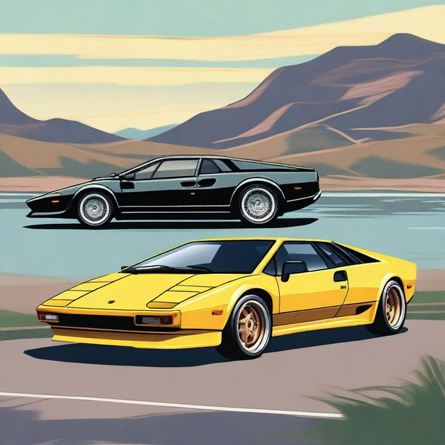 A detailed illustration featuring a classic 1980 Lotus Esprit and a Lamborghini Diablo side by side