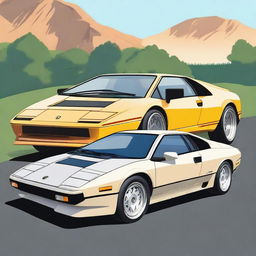 A detailed illustration featuring a classic 1980 Lotus Esprit and a Lamborghini Diablo side by side