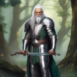 An old Elvish male knight from Dungeons & Dragons, wearing a suit of ancient, ornate armor