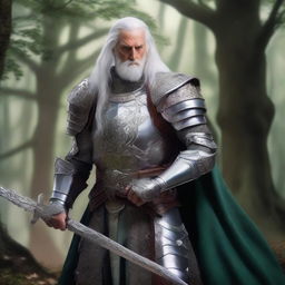 An old Elvish male knight from Dungeons & Dragons, wearing a suit of ancient, ornate armor