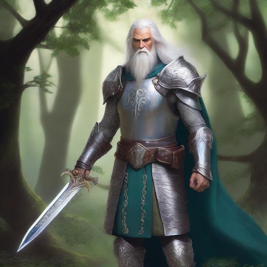 An old Elvish male knight from Dungeons & Dragons, wearing a suit of ancient, ornate armor