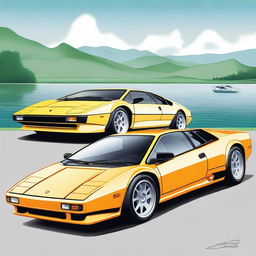 A detailed illustration featuring the front and rear views of a classic 1980 Lotus Esprit and a Lamborghini Diablo