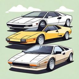 A detailed illustration featuring the front and rear views of a classic 1980 Lotus Esprit and a Lamborghini Diablo