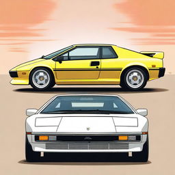 A detailed illustration featuring the front and rear views of a classic 1980 Lotus Esprit and a Lamborghini Diablo