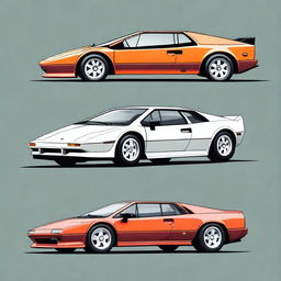 A detailed illustration featuring the front and rear views of a classic 1980 Lotus Esprit and a Lamborghini Diablo