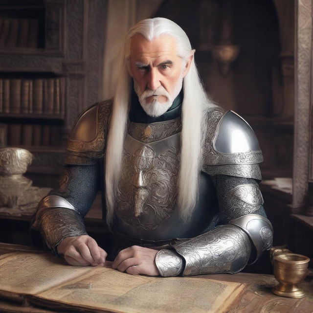 An old Elvish male knight sitting behind a desk