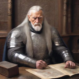 An old Elvish male knight sitting behind a desk