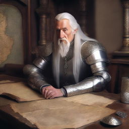 An old Elvish male knight sitting behind a desk