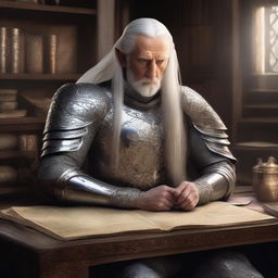 An old Elvish male knight sitting behind a desk