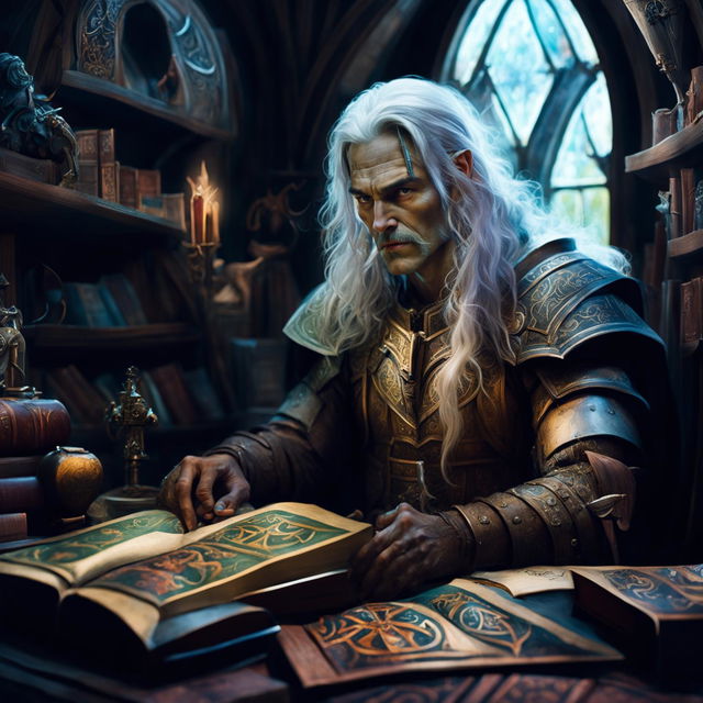 An old Elvish knight sits at a wooden table filled with ancient books and scrolls in a dimly lit room