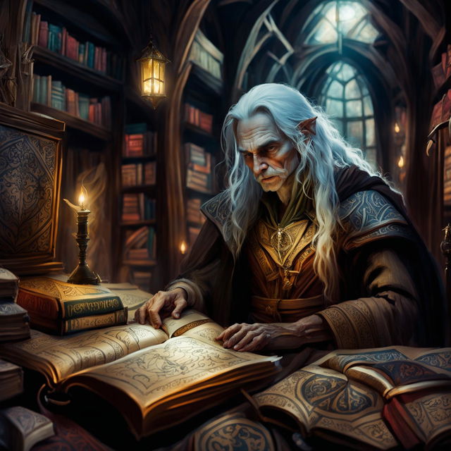 An elderly elf sits at a grand wooden table filled with ancient books and scrolls in a dimly lit, enchanted elvish library