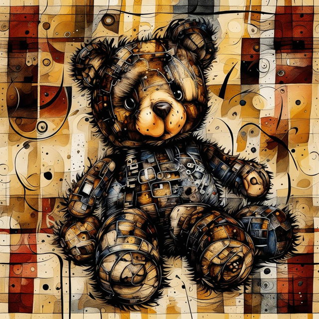 An abstract illustration of a cute little brown furry teddy bear with burnt fur, a missing ear, a burnt eye, patches, and stuffing falling out of its arm, lying on the ground, evoking themes of loss and nostalgia