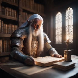 In a dimly lit, ancient elvish library, an elderly elf knight sits at a grand wooden table filled with ancient books and scrolls