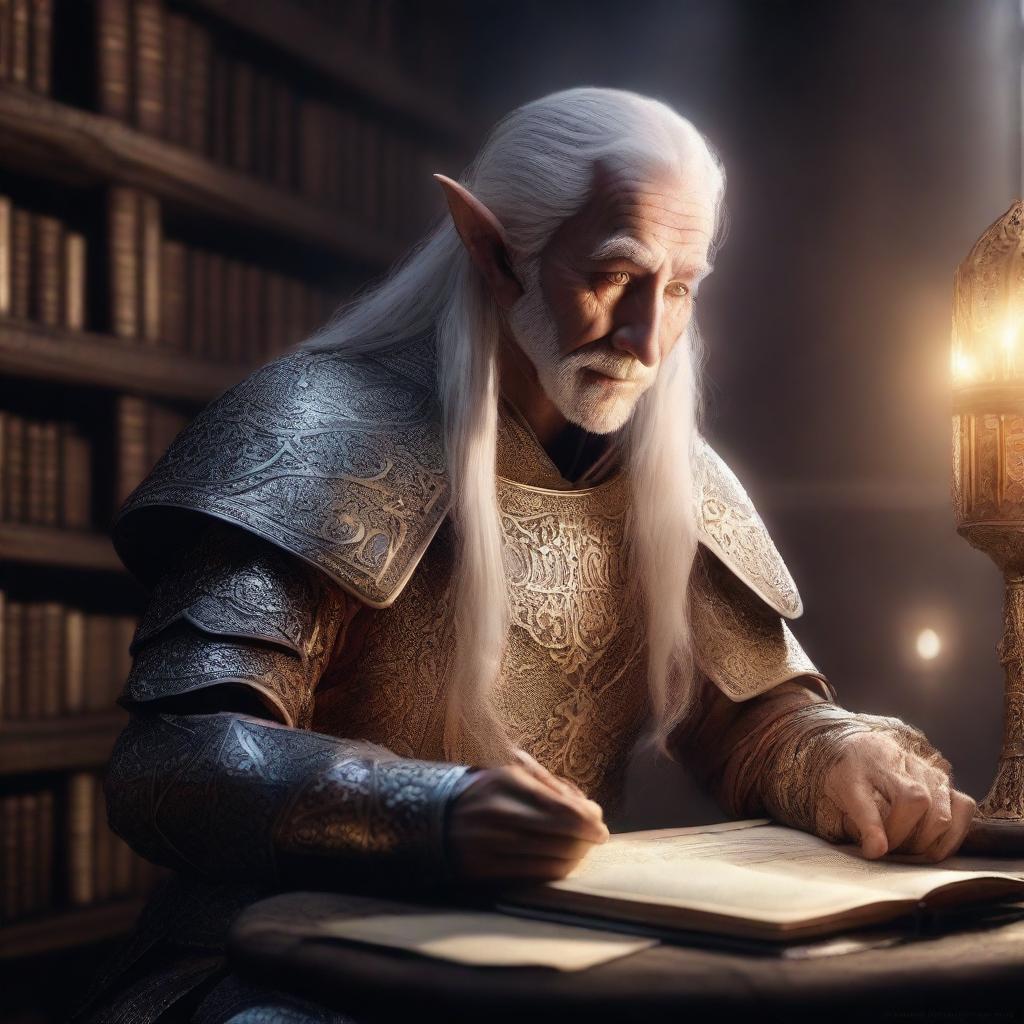 In a dimly lit, ancient elvish library, an elderly elf knight sits at a grand wooden table filled with ancient books and scrolls