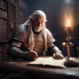 In a dimly lit, ancient elvish library, an elderly elf knight sits at a grand wooden table filled with ancient books and scrolls