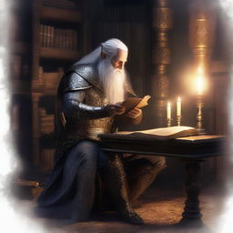 In a dimly lit, ancient elvish library, an elderly elf knight sits at a grand wooden table filled with ancient books and scrolls