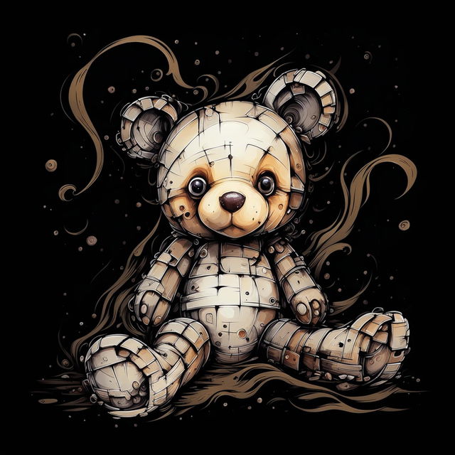 An abstract illustration of a cute little brown furry teddy bear that is burnt, missing an ear, has a burnt eye, patches on its body, and stuffing falling out, laying on the ground with a dark background