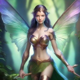 A female fairy warrior stands poised and ready for battle in an enchanting forest