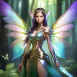 A female fairy warrior stands poised and ready for battle in an enchanting forest