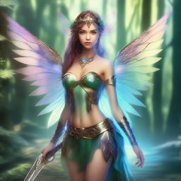 A female fairy warrior stands poised and ready for battle in an enchanting forest