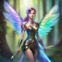 A female fairy warrior stands poised and ready for battle in an enchanting forest