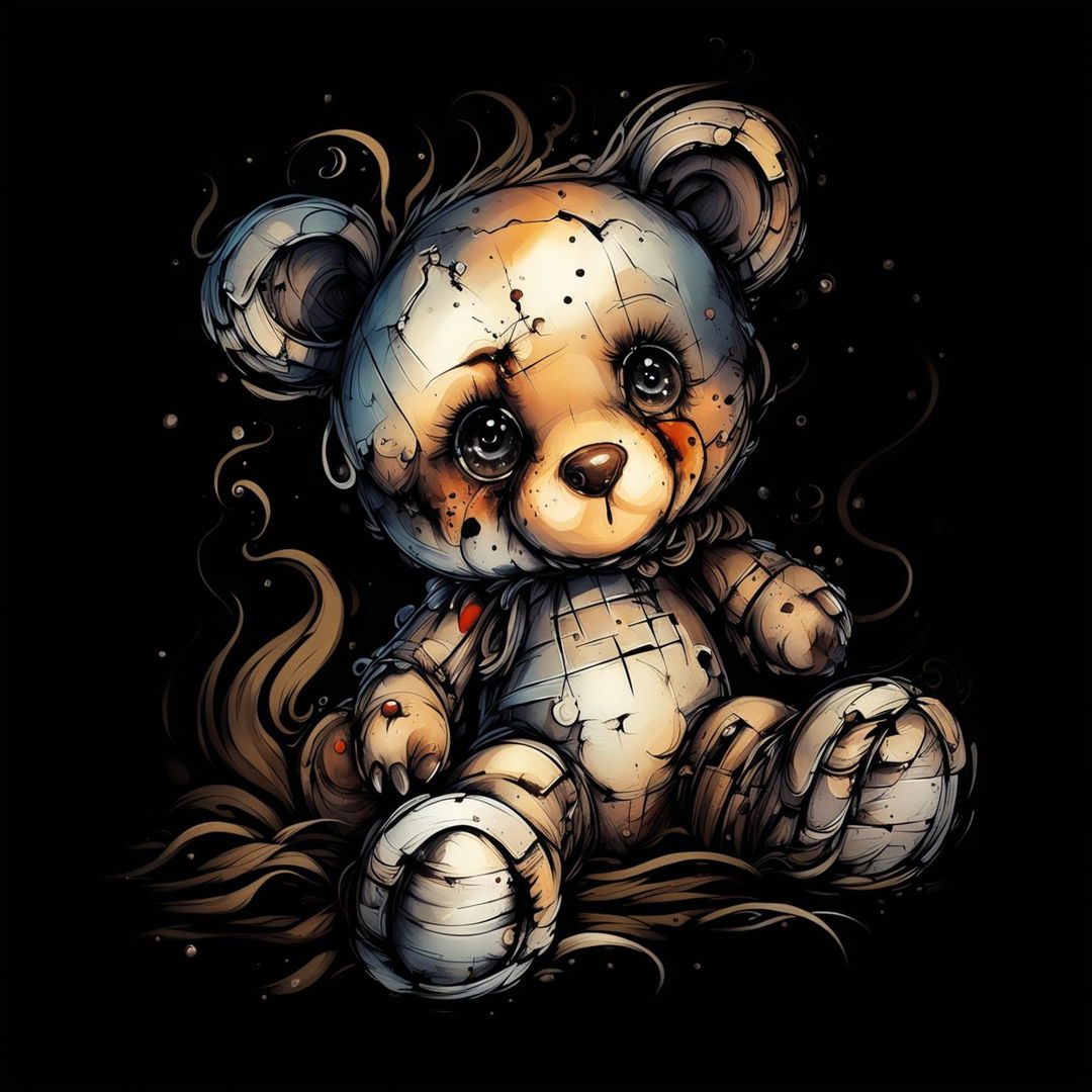 An abstract illustration of a cute little brown furry teddy bear that is burnt, missing an ear, has a burnt eye, patches on its body, stuffing falling out, and is laying on the ground with a dark background