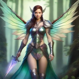 A female fairy warrior, inspired by Dungeons and Dragons, stands poised and ready for battle in an enchanting forest