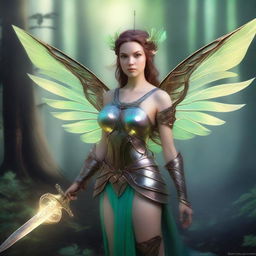 A female fairy warrior, inspired by Dungeons and Dragons, stands poised and ready for battle in an enchanting forest