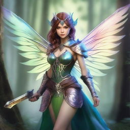 A female fairy warrior, inspired by Dungeons and Dragons, stands poised and ready for battle in an enchanting forest