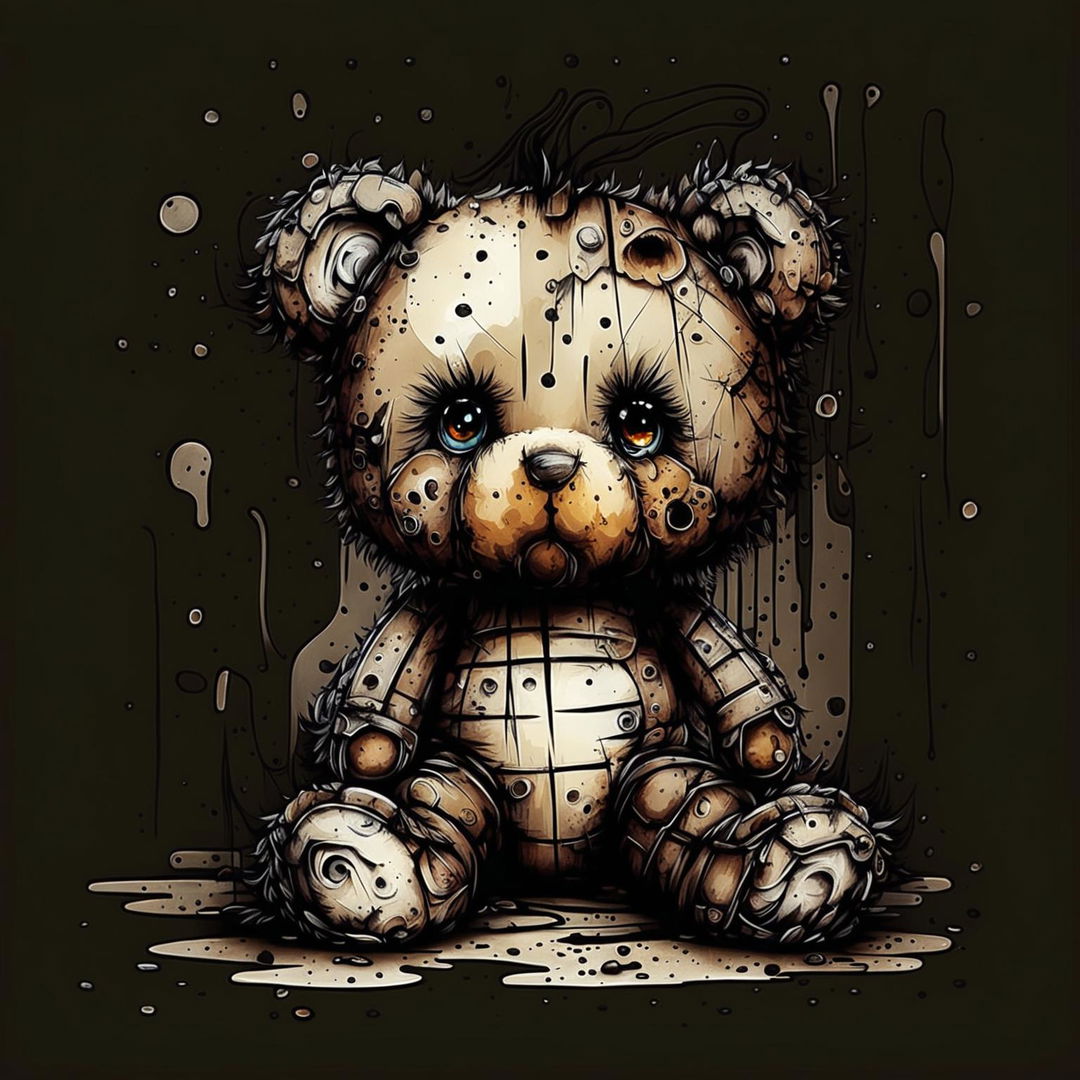 An abstract illustration of a cute little brown furry teddy bear that is burnt, missing an ear, has a burnt eye, patches, stuffing falling out, and is dirty, lying on the ground with a dark background