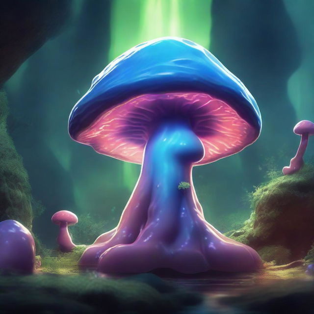 A Myconid, inspired by Dungeons and Dragons, is depicted in a mystical underground cavern