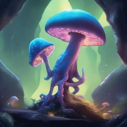 A Myconid, inspired by Dungeons and Dragons, is depicted in a mystical underground cavern