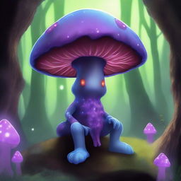 A Myconid, inspired by Dungeons and Dragons, is depicted in a mystical underground cavern