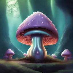 A Myconid, inspired by Dungeons and Dragons, is depicted in a mystical underground cavern