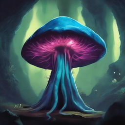 A large Myconid, inspired by Dungeons and Dragons, stands majestically in a mystical underground cavern