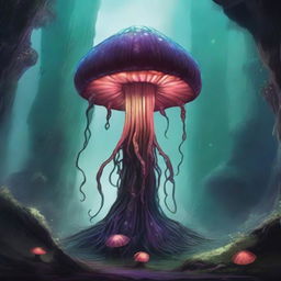 A large Myconid, inspired by Dungeons and Dragons, stands majestically in a mystical underground cavern