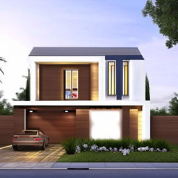 A modern home design fitting into a 33ft by 48ft area, featuring a shop and an imposing gate at the entrance. The design should demonstrate sleek lines, large windows, and contemporary architectural sensibilities.