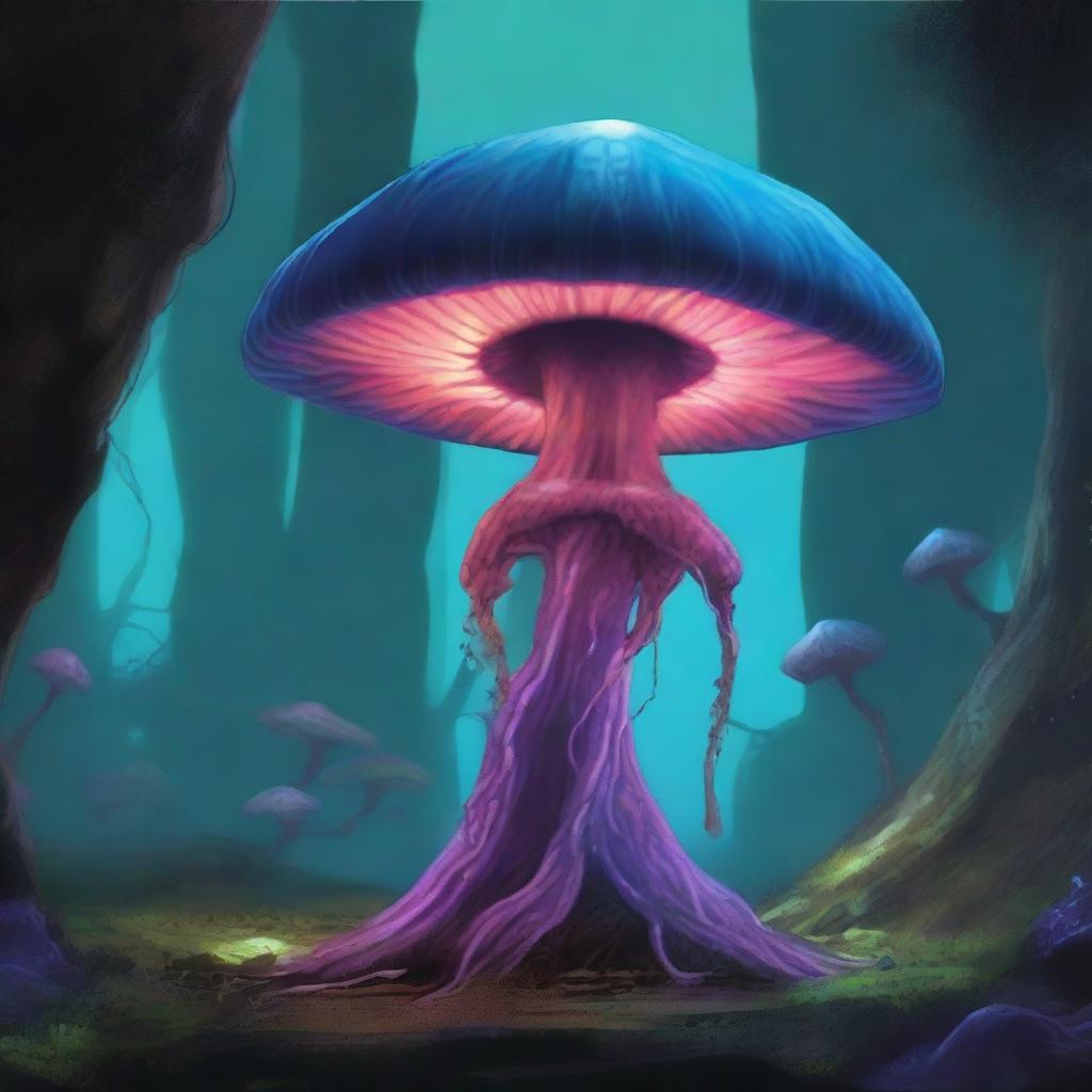 A large Myconid, inspired by Dungeons and Dragons, stands majestically in a mystical underground cavern