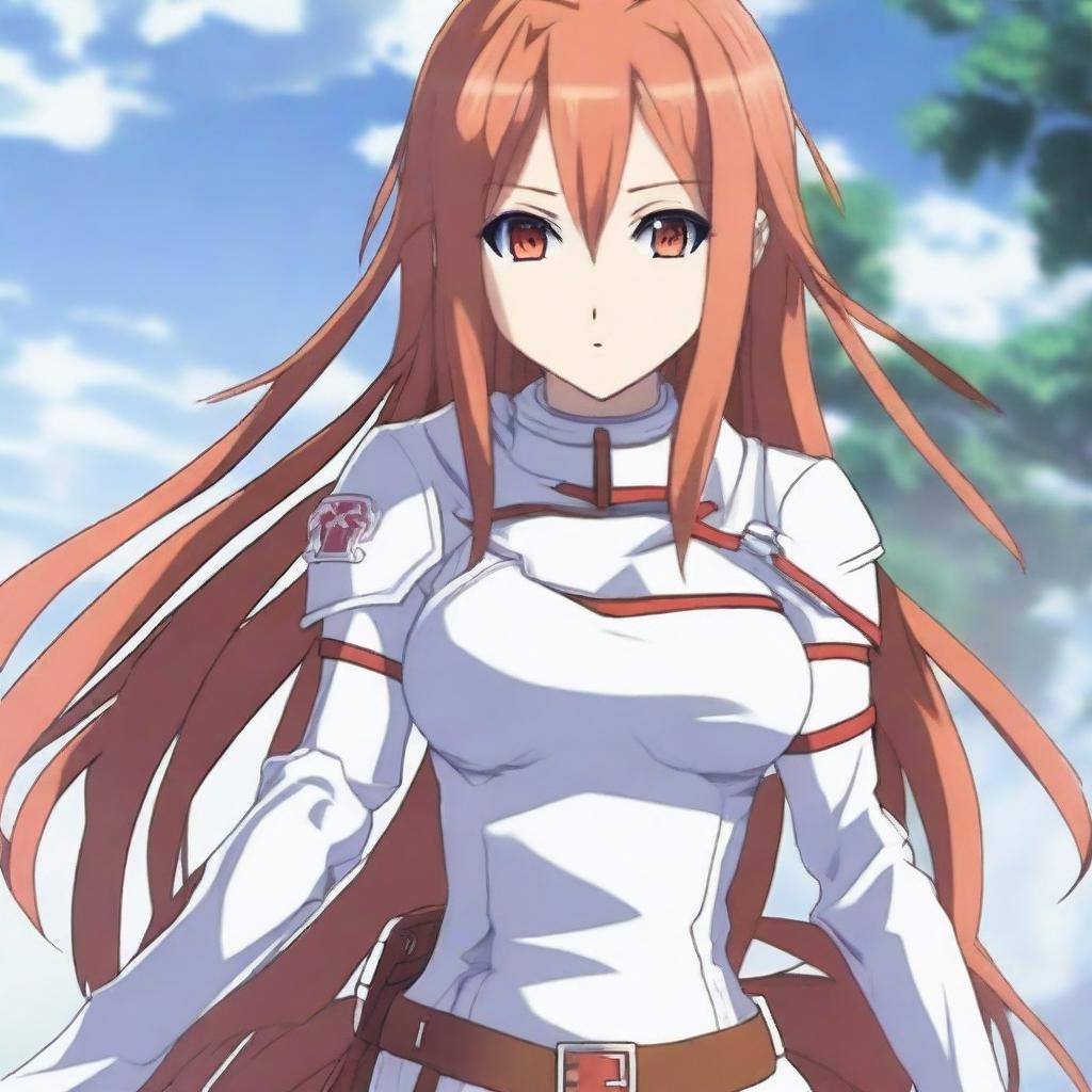 A detailed and vibrant image of Asuna Yuuki, a character from Sword Art Online, standing heroically with her sword