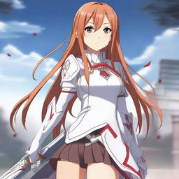 A detailed and vibrant image of Asuna Yuuki, a character from Sword Art Online, standing heroically with her sword