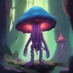 A large Myconid person, inspired by Dungeons and Dragons, stands majestically in a mystical underground cavern