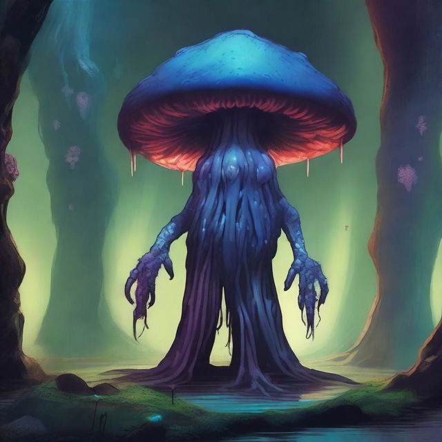 A large Myconid person, inspired by Dungeons and Dragons, stands majestically in a mystical underground cavern