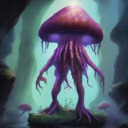 A large Myconid person, inspired by Dungeons and Dragons, stands majestically in a mystical underground cavern