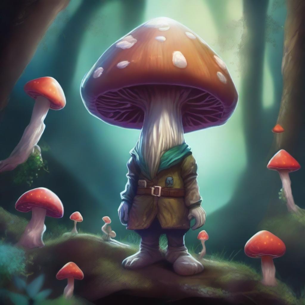 A mushroom person, inspired by Dungeons and Dragons, is depicted in a mystical underground cavern